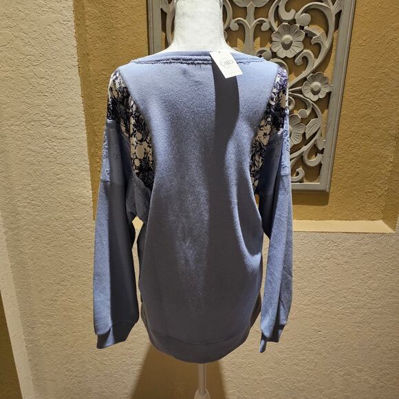 Cato L NWT Floral Lace Panel Sweatshirt Blue Cozy Winter Top Soft Chic Pullover - Picture 4 of 12
